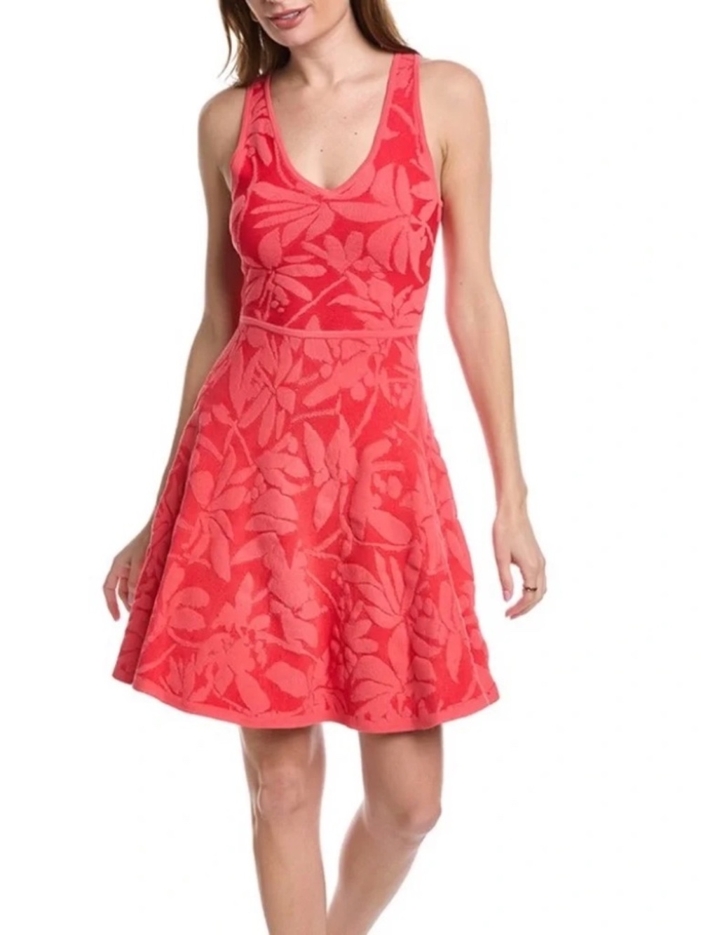 Trina Turk Venecia Knit A-Line Mini Dress Watermelon Pink Floral Size M